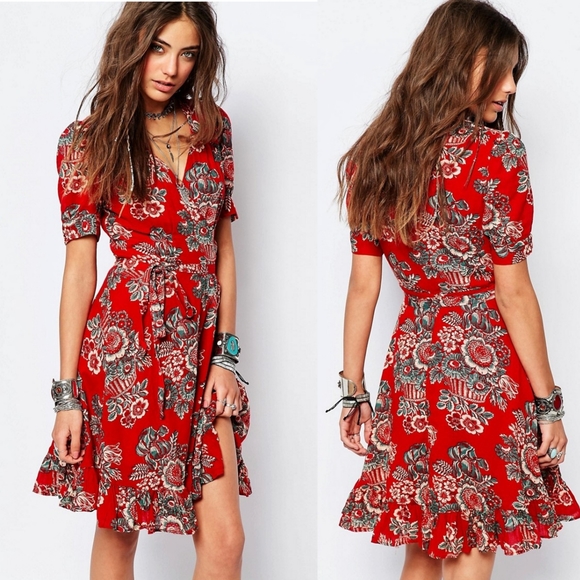 Denim & Supply Ralph Lauren Dresses & Skirts - Denim & Supply By Ralph Lauren Red Floral Wrap Tea Dress Size Small